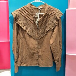 NEW Ultra pink Brown Lace-Trimmed Women's Top LARGE